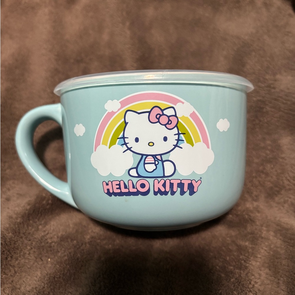 Hello Kitty Rainbow Skies White 24oz Ceramic Soup Mug with Pressure Release Lid